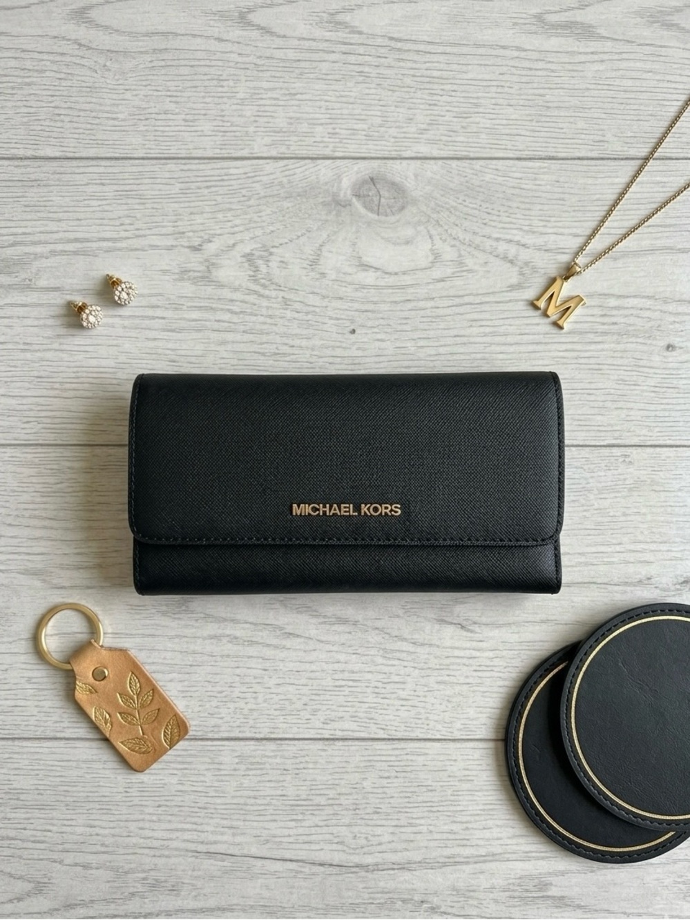 Michael Kors Black Saffiano Continental Wallet with Gold Logo